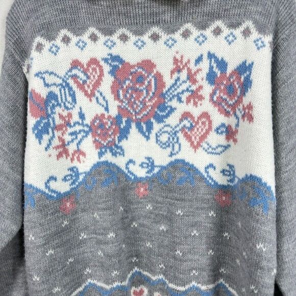 Vintage Cricket Lane Womens Large Knit Sweater Collar Floral 90's Grey - Picture 2 of 5